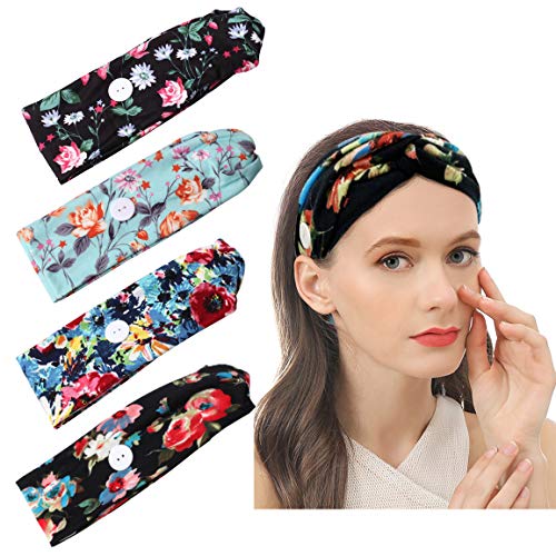 HAISWET 4 Pcs Boho Elastic Cross Headbands with Button for Strap to Protect Ear Wrap Hair Bands