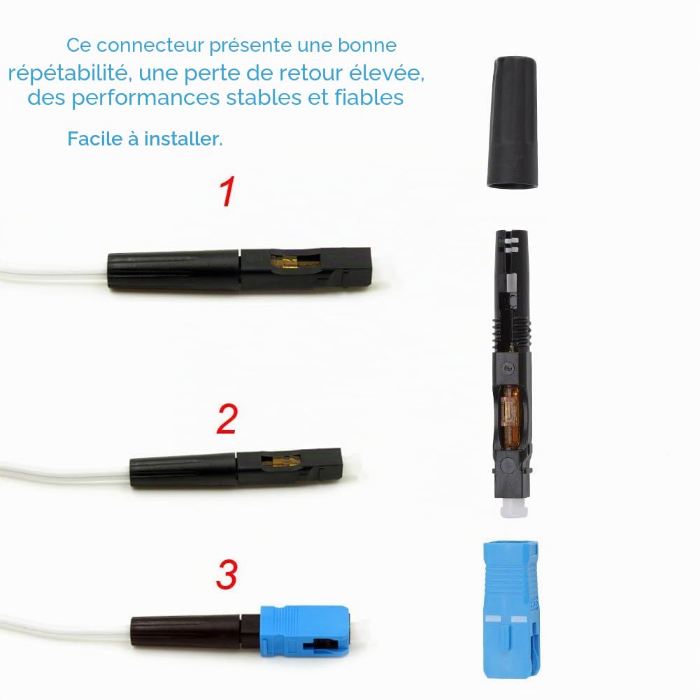 Jeanoko 100Pcs Connecteur de Fibre Optique intégré SC Adaptateur de Connexion de connecteur Rapide Rapide à Froid pour FTTH