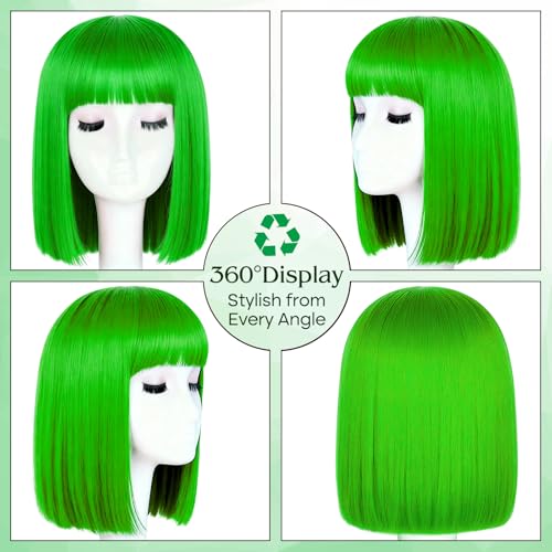 Image of PLULON Grass Green Bob Wig with Bangs, Short Straight Bob Wig with Heart Sunglasses 12 Inch Shoulder Length Heat Resistant Synthetic Hair for Women Natural Look Daily Cosplay Halloween Costume Party