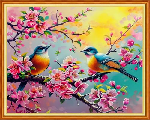 Image of Funchey Stamped Cross Stitch Kits, DIY Cross Stitch Pattern for Adults Beginners Needlepoint Kits Embroidery Kit Arts and Crafts 11CT-Pink Peach Blossom Bird 16x20 inchs