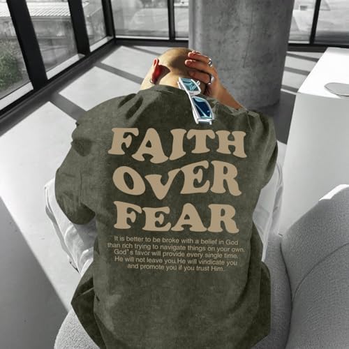 Image of Christian Shirts for Men Faith Over Fear Oversized Shirt Acid Wash Tshirt Graphic Religious T Shirt Bible Verse Tees
