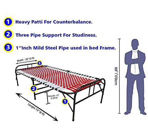 Image of Folding Bed | 1 Year Warranty | Portable Single Bed | 3X6 Feet Bed Size | Strong Iron Steel Metal Frame Pipe | Bed for Sleeping Guest, Easily Storable (Synthetic Stripe, Red)