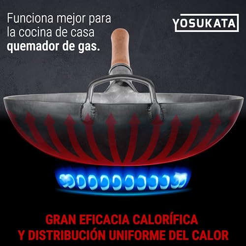 Miniatura 6 de Yosukata Sarten Wok De Acero Al Carbono 36 Cm - Martillado Wok Aco Carbono Fundo Redondo - Tradicional Hino - Sin Recubrimiento Químico - Compatible Con Cocinas De Gas Y Fuego Abierto Plata