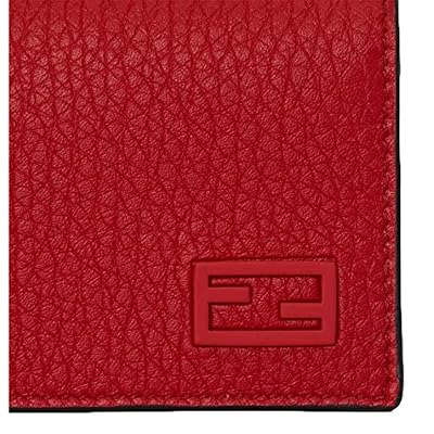 FENDI Red Grained Leather Baguette Logo Card Case Wallet Compact Bifold with FF Logo, 2 Card Slots, Made in Italy 7M0222