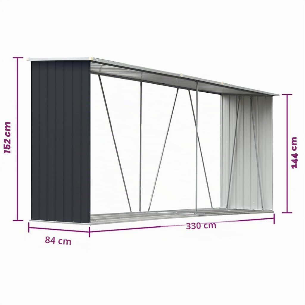vidaXL Capannone da Giardino in Acciaio Zincato Capanno da Esterni Portalegna Ripostiglio per Legna Accessori Giardino 330x84x152cm Antracite
