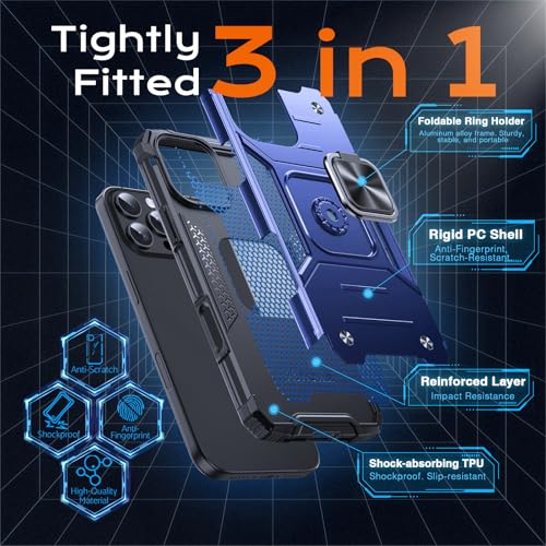 Image of Anqrp Heavy Duty Case for iPhone 16 Pro Case with Enhanced Ring Holder Grip Stand, Military Grade Shockproof Rugged Drop Protective Silicone Hard Slim iPhone 16 Pro Phone Case Cover,Vivid Blue