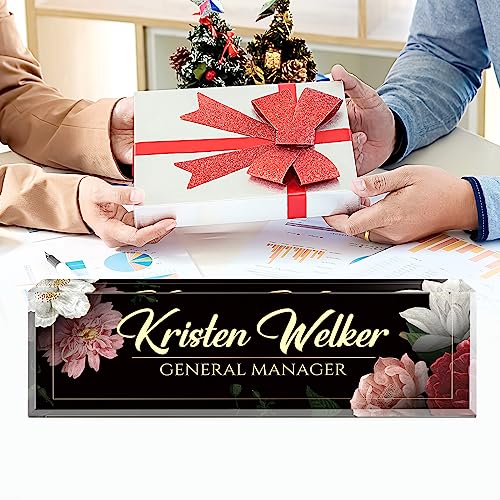 Image of Name Plate for Desk, Desk Name Plate Personalized, Office Decor for Women Men, Acrylic Desktop Accessories, Office Appreciation Gifts for Boss Social Workers Nurse Teacher Employee (Black /Flowers)