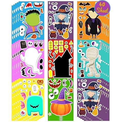 HRENCY 40 Sheets Halloween Stickers Halloween Party Games for Kids Make Your Own Stickers Jack-O-Lantern Make a Face Stickers DIY Halloween Activities Halloween Party Favors Cover