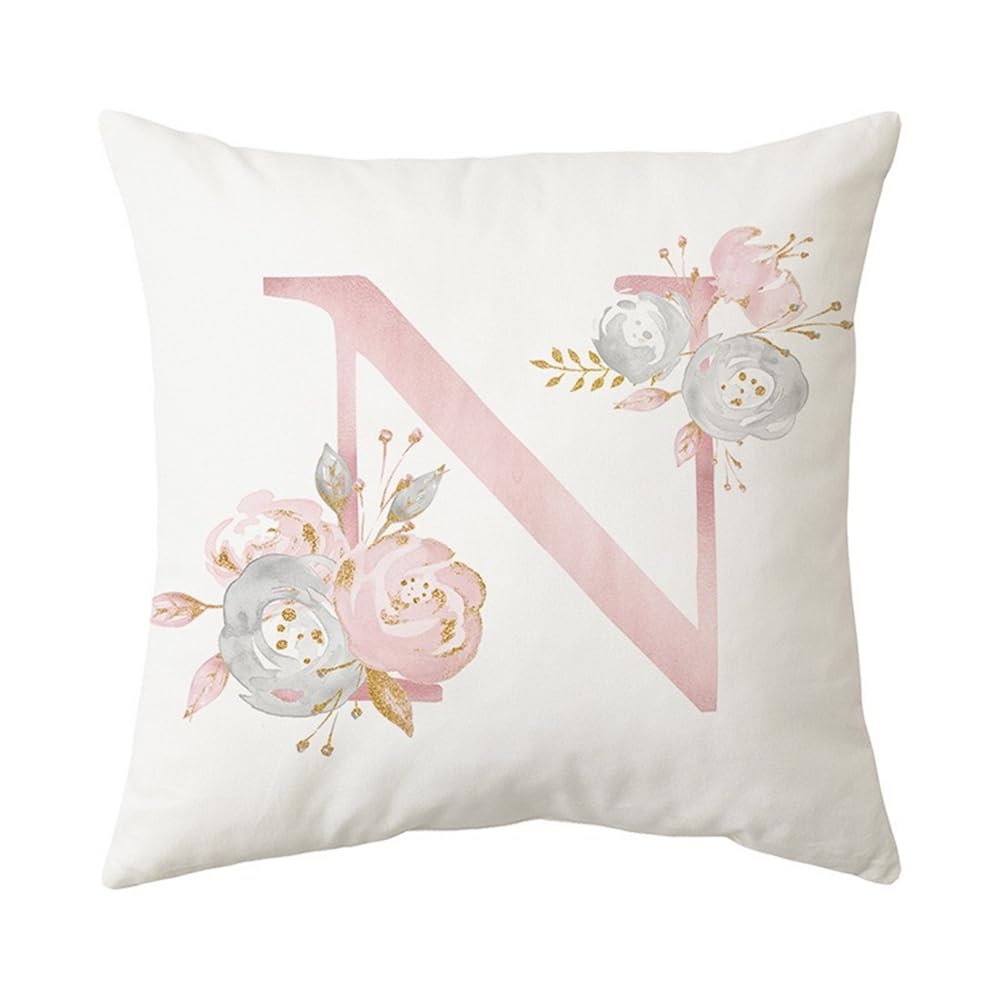 PRK 14 White Cushion Covers - Letter N Pillow Case, Cute Floral Alphabet Decorative Throw Square Protectors for Sofa, Couch, Bedroom, Chair - 45cm x 45cm — image 1