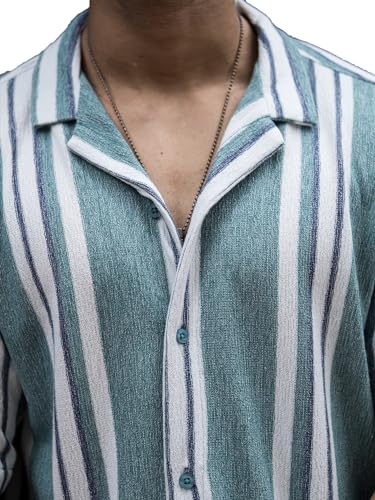 Image of Maniac Mens Striped Collar Neck Half Sleeve Jacquard Oversized Shirt