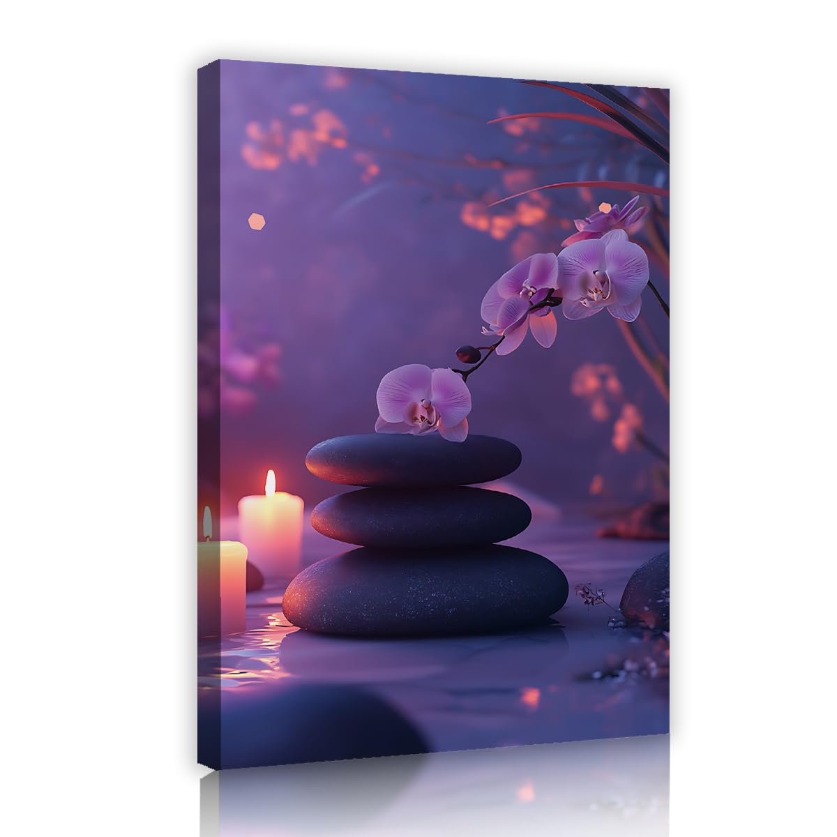 Via Vela Purple Orchid Candles Canvas Painting, Zen Stones Nature Landscape Framed Wall Art Artwork, Massage Therapy Room Picture, Spa Bathroom Decor Prints 70x110cm