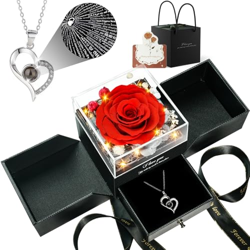 cdco Preserved Real Roses with Heart Necklace I Love You in 100 Languages, Romantic Anniversary...