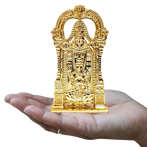 Image of anciently Tirupati Balaji Idol with Lakshmi for Car Dashboard | Venkateswara Idol with Lakshmi for Car Dashboard, Metal, 1 Piece (Gold Colour)