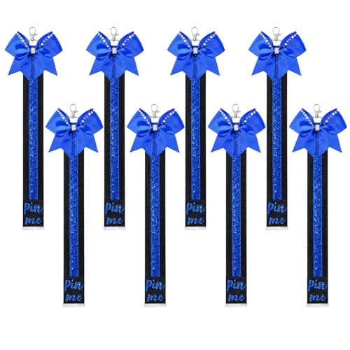 CEELGON 8 PCS Cheer Pin Me Ribbon Glitter Keychain Bulk Gifts Cheerleader Bag Tag Pin Holder for Backpacks-Black/Glitter Royal Blue