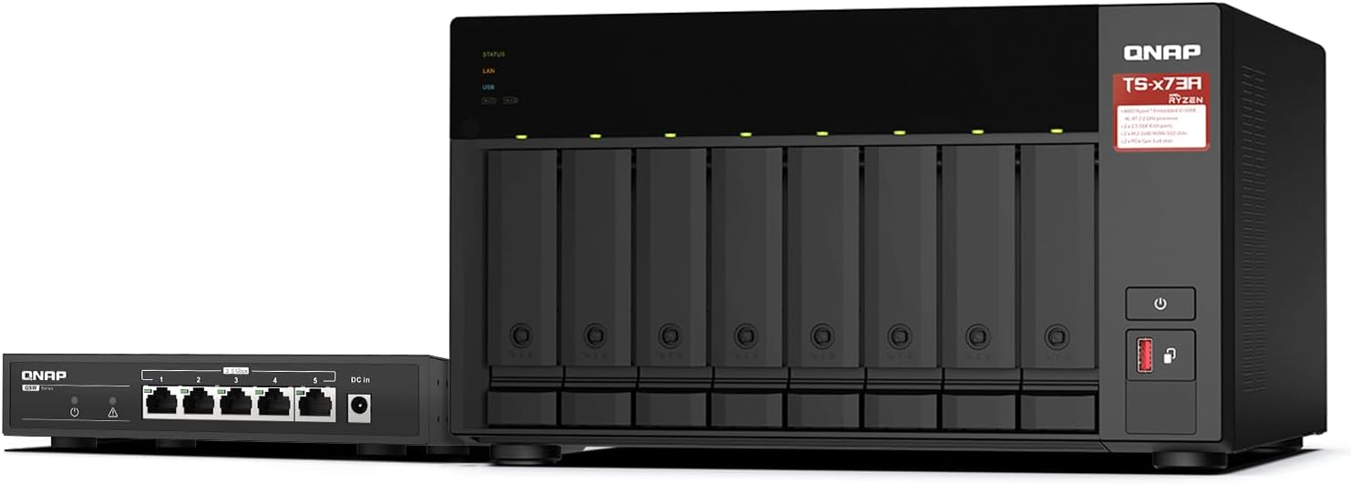 QNAP TS-873A 8-Bay AMD Ryzen Quad-Core 2.5GbE NAS with QSW-1105-5T 5-Port 2.5GbE Unmanaged Switch