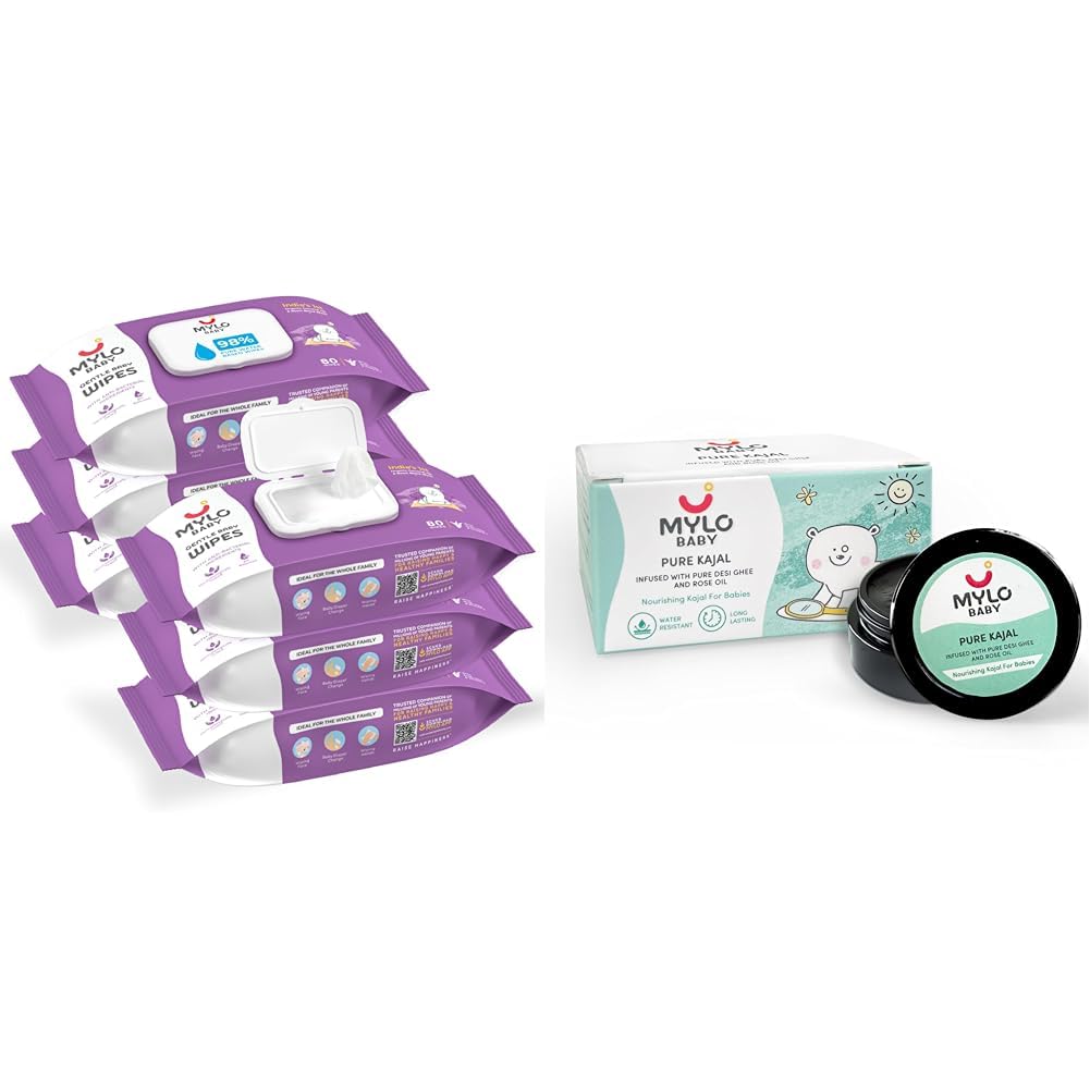 Mylo Baby Wipes With Lid Pack of 6 + Kajal 5g Combo | 98% Water Wipes with Aloe, Neem & Coconut | Talc-Free Baby Powder for Rash-Free Skin | Gentle, Safe & Multi-image-47