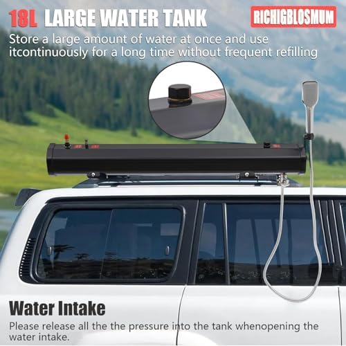 4.8-7.9Gal Portable Water Tank for Vehicles - Roof Rack Shower System, Self-Pressurized 1.6Bar, Heavy Duty PVC & ABS, Ideal for Outdoor Showers, Pet Washing & Gear Cleaning, 18L Capacity