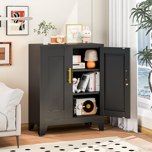 Image of Black Metal Storage Cabinet, 36 inch Steel Locking Cabinets | Small Cabinet with Doors and 2 Adjustable Shelves, Utility Cabinet, Steel Locker Organizer for Office, Home, Garage, School