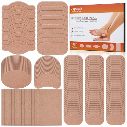 Jupwalz 154 Sheets Moleskin for Blister, 6 Shapes Mole Skin Patch Blister Prevention Tape Moleskin Adhesive Padding Stickers for Feet & Shoes Heels, Efficiently Reduce Friction for Your Skin