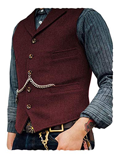 Men's Business Suit Vest Slim Fit Notch Lapel Wool Tweed Waistcoat for Wedding