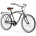 sixthreezero Around The Block Men's 3-Speed Beach Cruiser Bicycle, 26" Wheels, Matte Black with Brown Seat and Grips