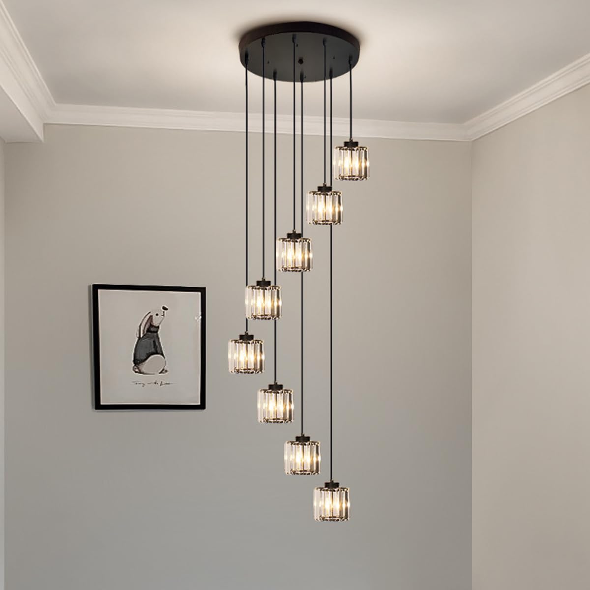 Nowoczesny luksusowy żyrandol LED - 8 czarno-złotych kryształowych lamp do salonu willi i dwupoziomowych schodów, kreatywny nastrojowy design oświetlenia (8 czarnych główek)