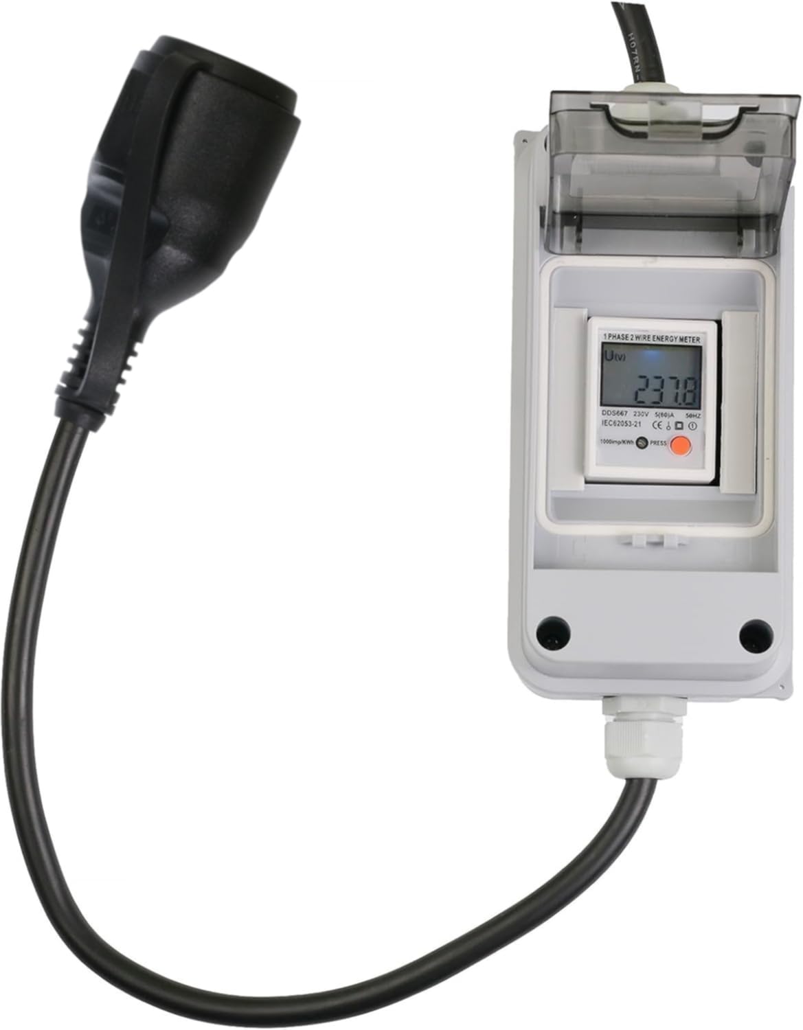 Medidor de Consumo Eléctrico Móvil IP65 con Botón de Reset & Cable H07RN-F – Contador de Energía para Kit Solar Autoconsumo, Caravana, Camping & Carga de Coche Eléctrico (Plug & Play)
