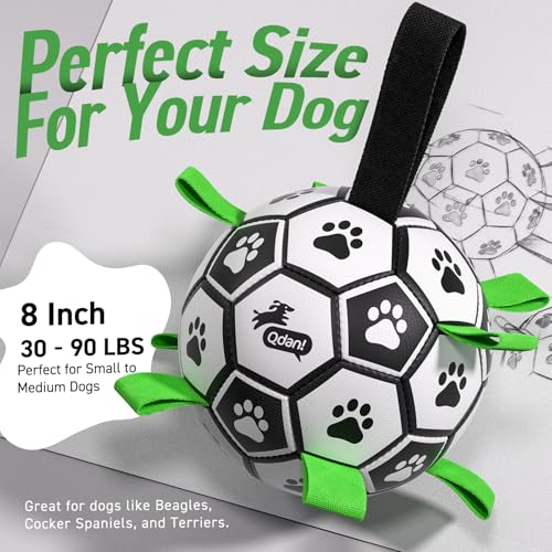 Image of QDAN Large Dog Toys, Soccer Ball for Dogs with Straps, Herding Dog Balls | Interactive Soccer Toys for Tug of War, 8 Inch Dog Ball for Medium Large Puppy, Birthday Toy for 30-90 lbs Dogs, Water Toy
