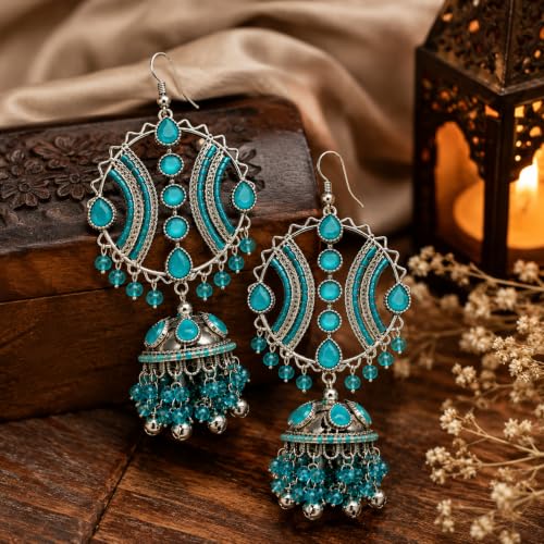 Image of Women's Gold-Plated Floral Pearl Long Drop Earrings with Multi-Layer Chains for Traditional and Festive
