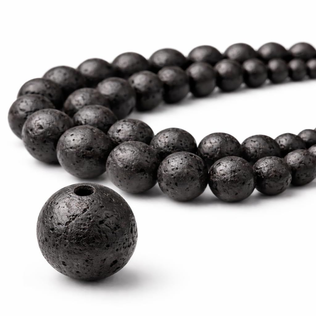 Perlin Lavastein Perlen 4 mm Schwarz Rund Naturstein Lavaperlen Schmuckperlen 90 Stück Strang für Armband feine Perlen Schmuckherstellung DIY