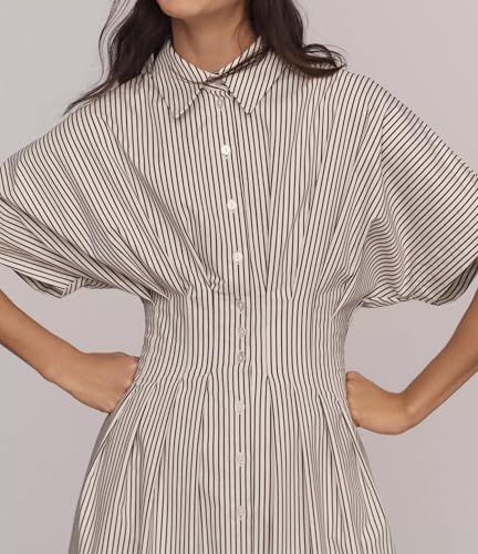 Image of Women's Striped Button Front Pleated Maxi Shirts Dress Short Sleeve Collar V Neck Summer Casual Corset Long Dress