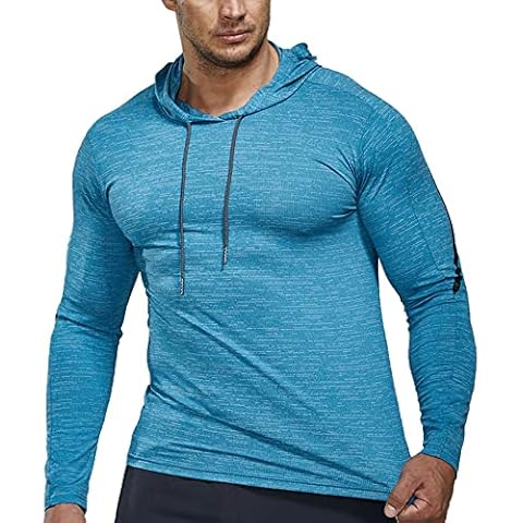 Men Long Sleeve Compression Running Shirts Sports Hoodies Dry Fit Fitness Top Blue L Cover