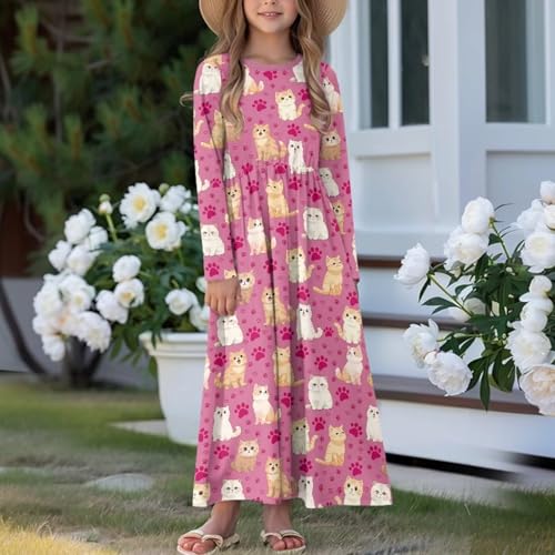 Girls Long Dress Long-Sleeve Swing Ruffle A-Line Dress with Pockets 5-14Y3