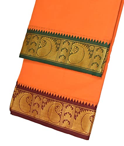 Image of TUNI MANI Men's Panchakacham Dhoti with Angavasthram Towel, Jari Border, 100% Cotton, Size: 9 X 5 (4.0mtr Dhoti, 2.25mtr Towel) (Unstitched)