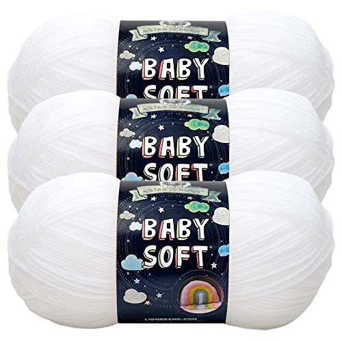 Image of Lion Brand Yarn, Baby Soft Crochet Yarn, White, 3 Pack | Light DK Acyrlic Nylon Blend Fiber for Soft Baby Blankets, Knit Garments, Crochet Hats, Machine Washable Yarn