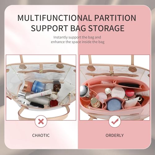 Image of Doxo Purse Organizer Insert for Handbags & Base Shaper 2pc Set, Felt Neverfull MM Organizer Insert, Tote Bag Organizer with Zipper Pocket and Bottle Holder, Fit Speedy 30 Neverfull MM and More,Pink-L