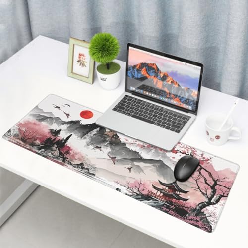 Image of Pink Japanese Watercolor Cherry Blossom Gaming Mouse Pad 31.5x11.8 XL Extended Mousepad Large Keyboard Mouse Mat Desk Pad with Non-Slip Rubber Base Stitched Edges for Home Office Game