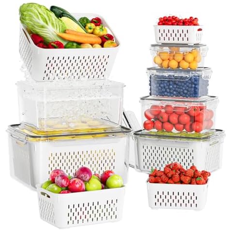 6 Pcs Large Fruit Containers For Fridge, Airtight Food Storage Containers with Removable Colander, Dishwasher & Microwave Safe, Berry Produce Container Keep Vegetable, Fruit, Meat Fresh Longer Cover