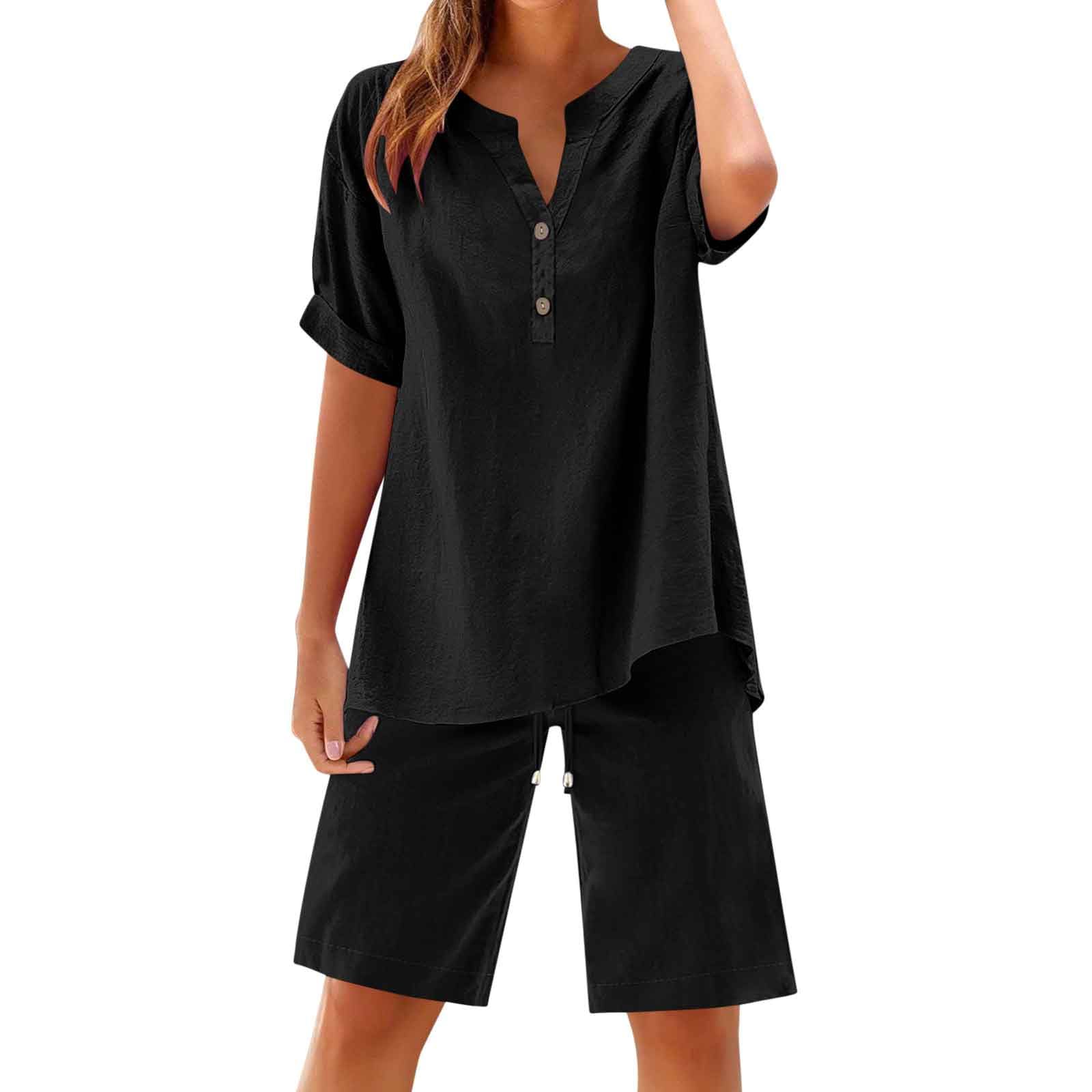 Womens Summer Outfits Cotton Linen Short Sleeve Button Down Shirt with Bermuda Shorts 2 Piece Lounge Set with Pockets