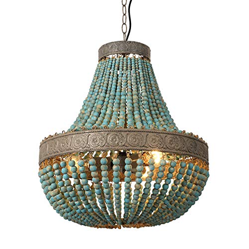 Newrays Wood Bead Chandelier Pendant Gray Blue Finishing Bohemian Boho Beachy Ceiling Lamp Light Fixtures (19.88 in*21.65 in)