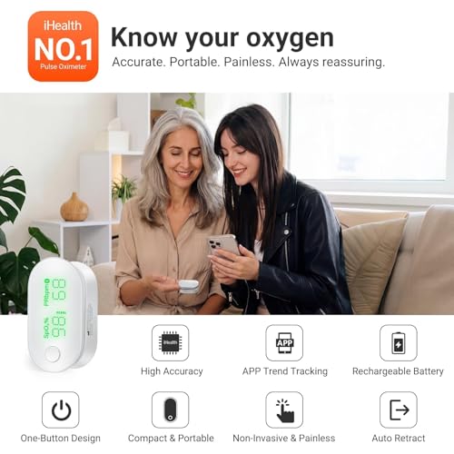 Image of iHealth Rechargeable Fingertip Pulse Oximeter, Bluetooth Blood Oxygen Monitor with App Trend Tracking, SpO2, Pulse Rate, Plethysmograph Waveform and PI Display, Wireless Sync for iOS & Android