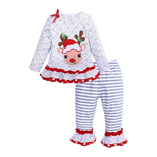 CM C&M WODRO Toddler Baby Girl Christmas Deer Outfit Long Sleeve Ruffle Top Fall Clothes Striped Flare Pants Set2