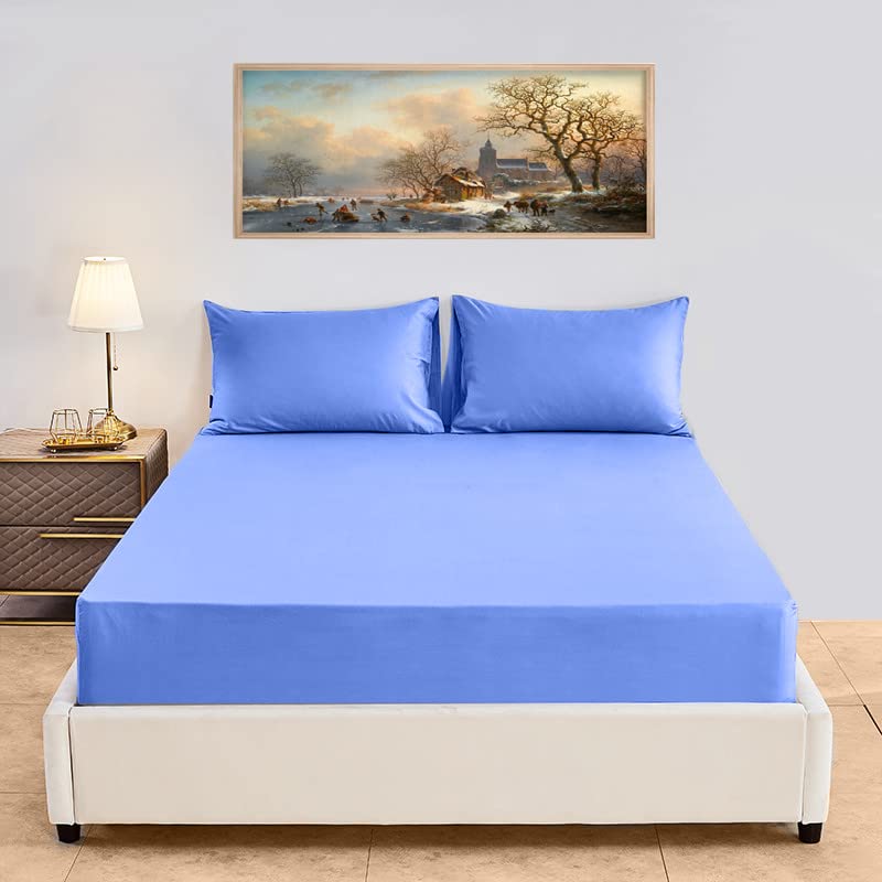Dazzle Collection® Plain Fitted Sheet 180 Thread Count Polycotton | 50% Cotton 50% Polyester | Non Iron Plain Fitted Sheet Machine Washable. (Pair of Pillowcase, Blue)