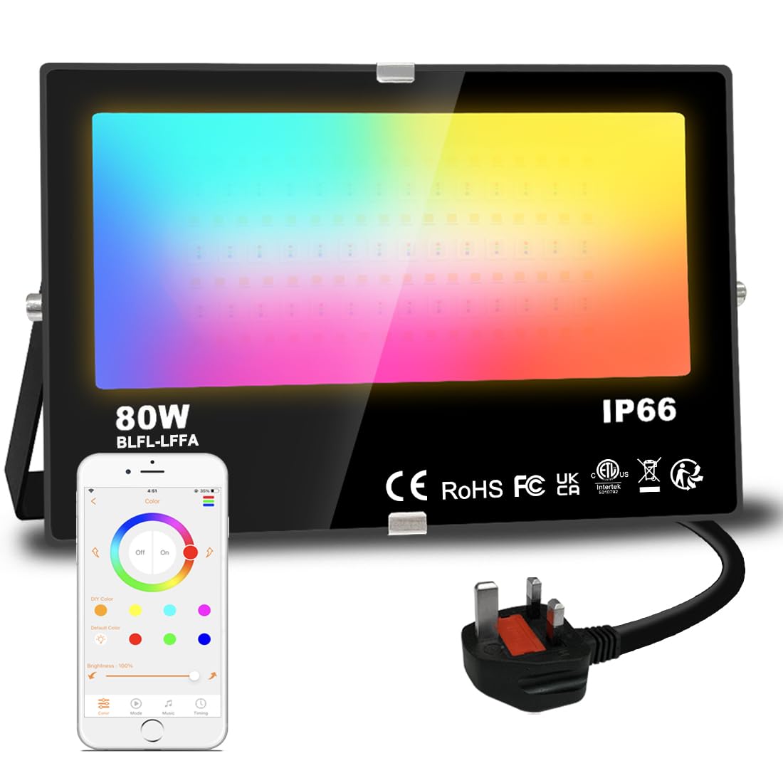 LED Floodlight 80W Equivalent 8000LM, Smart RGB Flood Lights Outdoor with APP Control, Colour Changing + Warm White, Timing - Scene - Garden Lighting, IP66, UK Plug(1 Pack