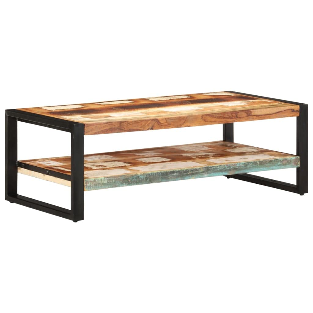 Hothingwell Stolik kawowy 2 poziomy drewna z odzysku 120x60x40 cm | Malowana proszkowo rama żelazna, mieszanka drewna tekowego z drewna bukowego mango, unikalny kolor losowy