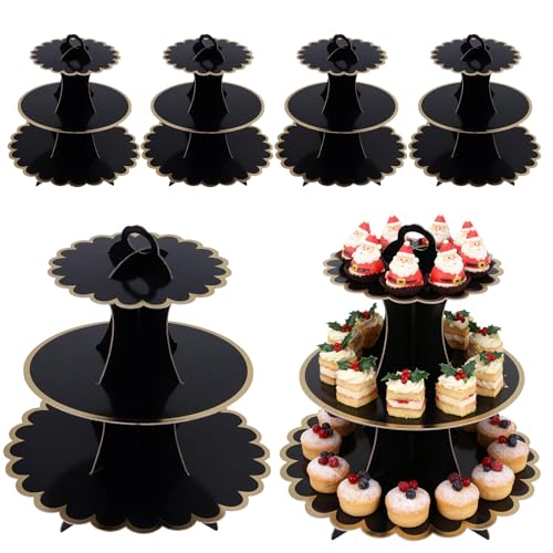 SYUTBOU Lot de 6 présentoirs à gâteaux en carton noir à 3 étages pour cupcakes, muffins, mariages, célébrations