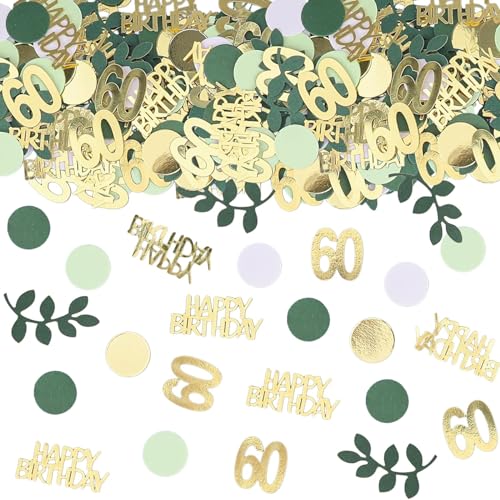 Image of Sage Green 60th Happy Birthday Confetti, 60th Birthday Table Decorations Scatter Green Gold Foil Cake Confetti Decorations for 60 Bday Woman Men Party Decor 230 Pcs