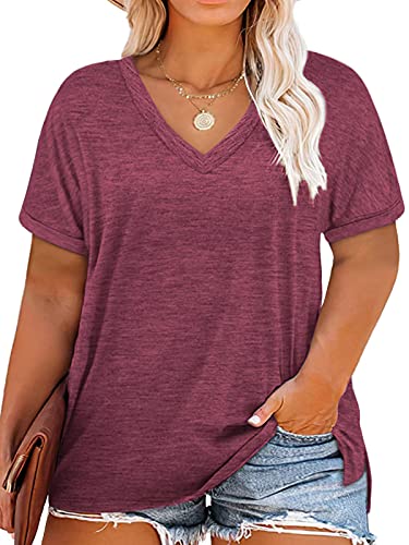 Plus Size Shirts for Women 2X Summer Short Sleeve V Neck Tops Wine Red 18W