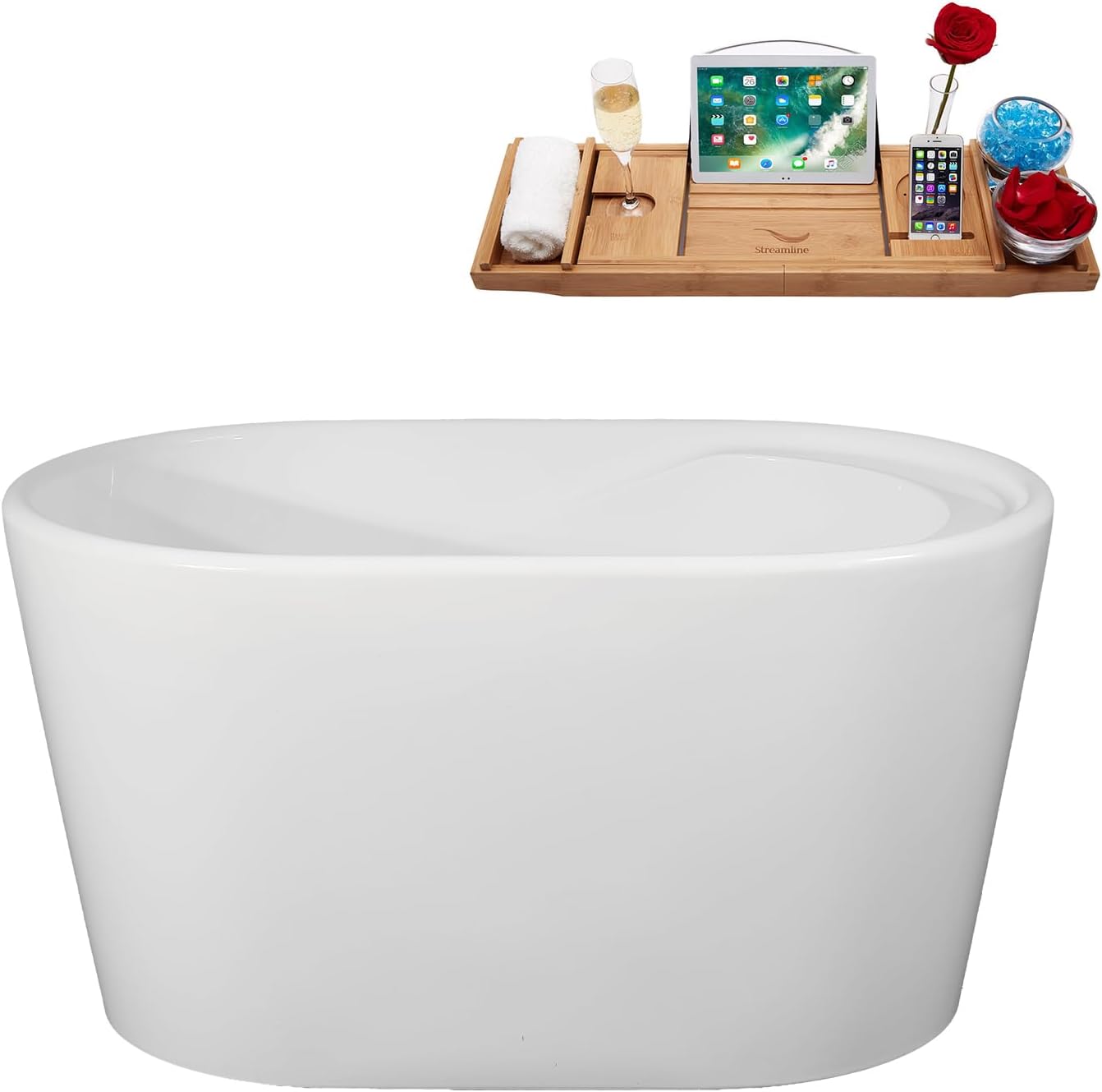 Streamline 47" Freestanding Soaking Bathtub – Glossy White Acrylic Oval Tub with Brushed Gold Internal Drain and Bamboo Tray – Compact Design – 60-Gallon Capacity