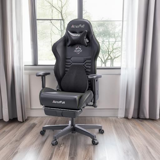 AutoFull Black PU Leather Ergonomic Gaming Chair with Footrest